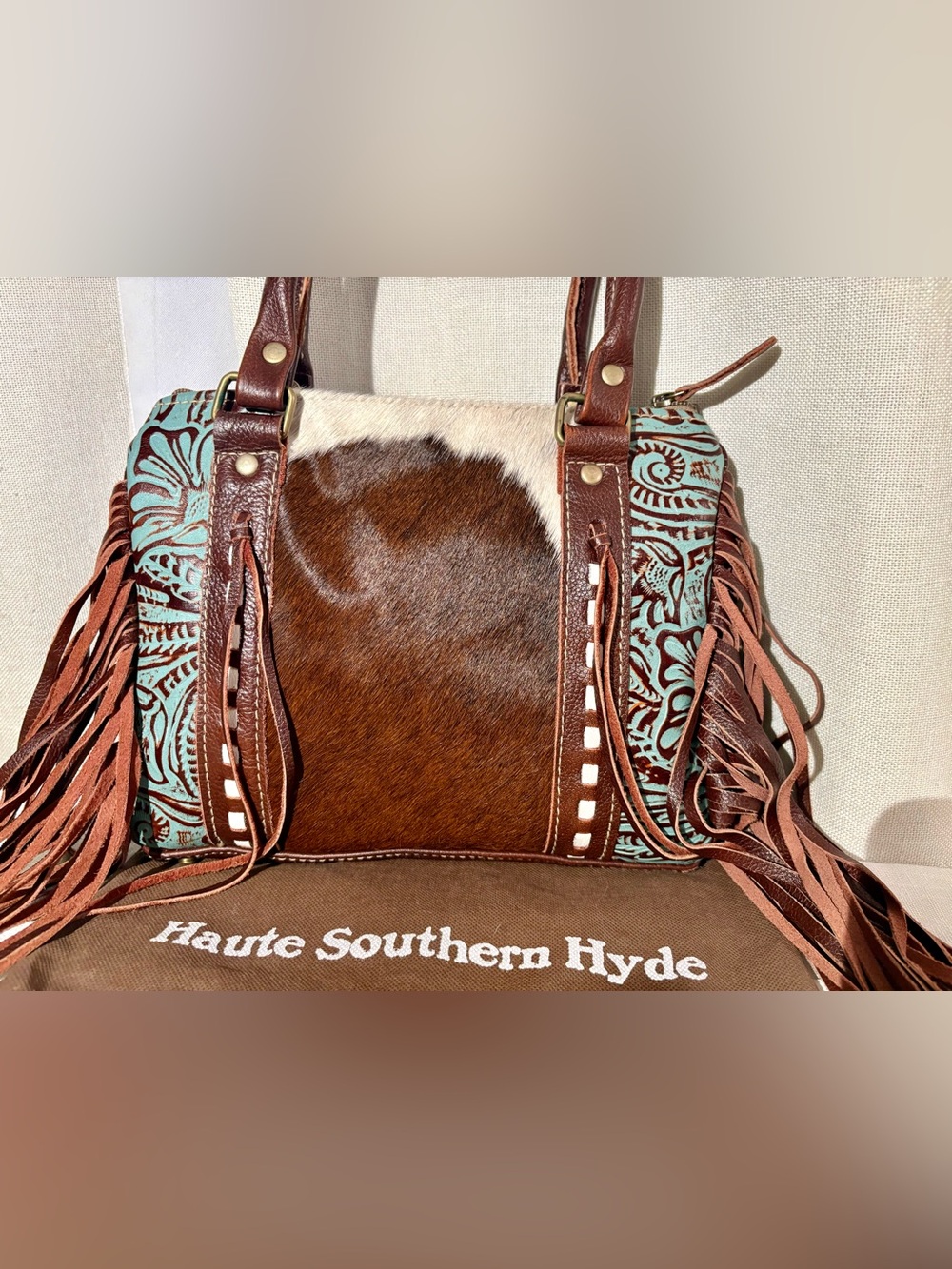 Myra Bag Cowhide Tooled Genui Leather Fringe Satchel Western Boho Bag Purse Med - Picture 2 of 15